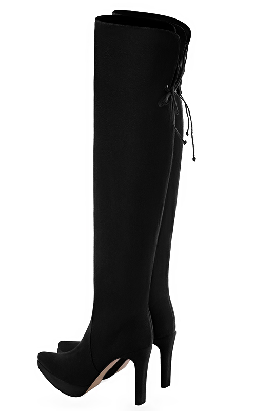 Matt black women's leather thigh-high boots. Tapered toe. Very high slim heel with a platform at the front. Made to measure. Rear view - Florence KOOIJMAN
